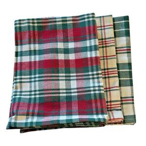 Set 3 Woven Cotton Green Red White Plaid Kitchen Towel Vintage Country Cabin NOS